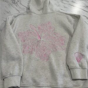 Pink Palm Puff Women's Gray Hoodie with Pink Floral Design